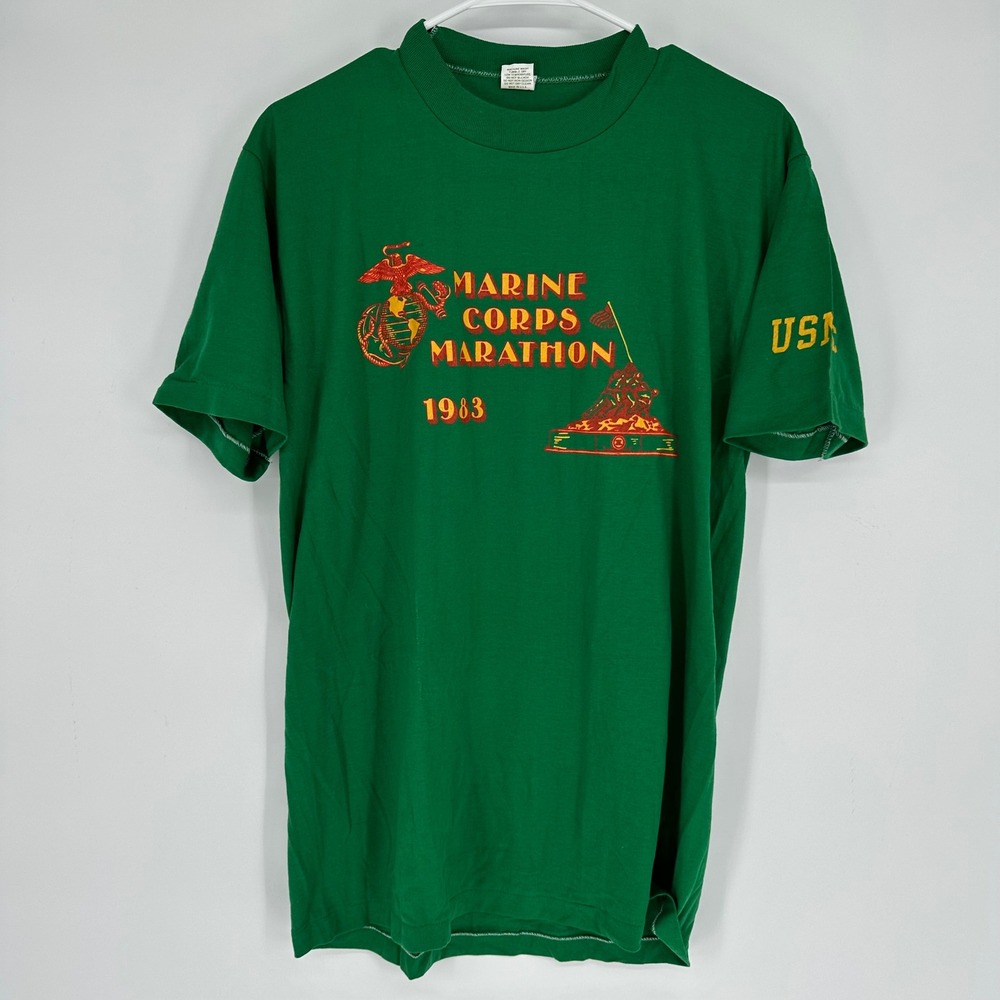Vintage 80s 1983 Marine Corps Marathon T-Shirt Velva Sheen Green USMC Mens Large